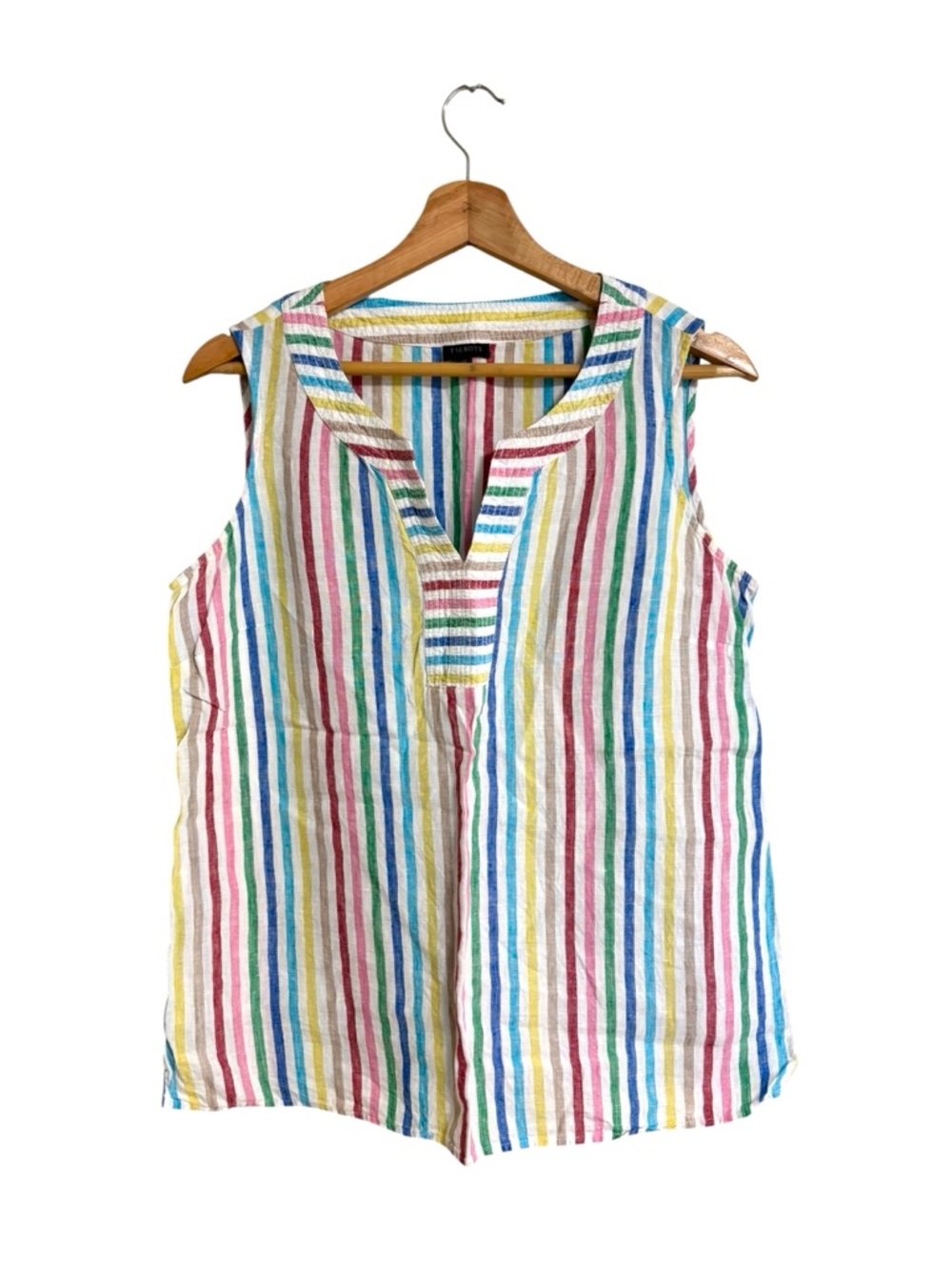 Talbots colorful rainbow striped sleeveless V neck Spring linen tank top size M - Picture 2 of 11